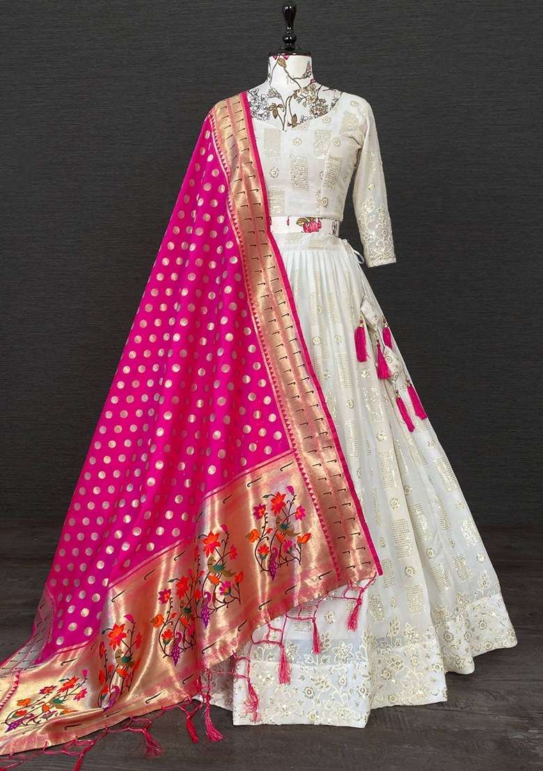 White Embroidered Georgette Lehenga Set With Dupatta - Indya