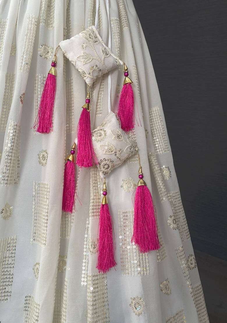 White Embroidered Georgette Lehenga Set With Dupatta - Indya
