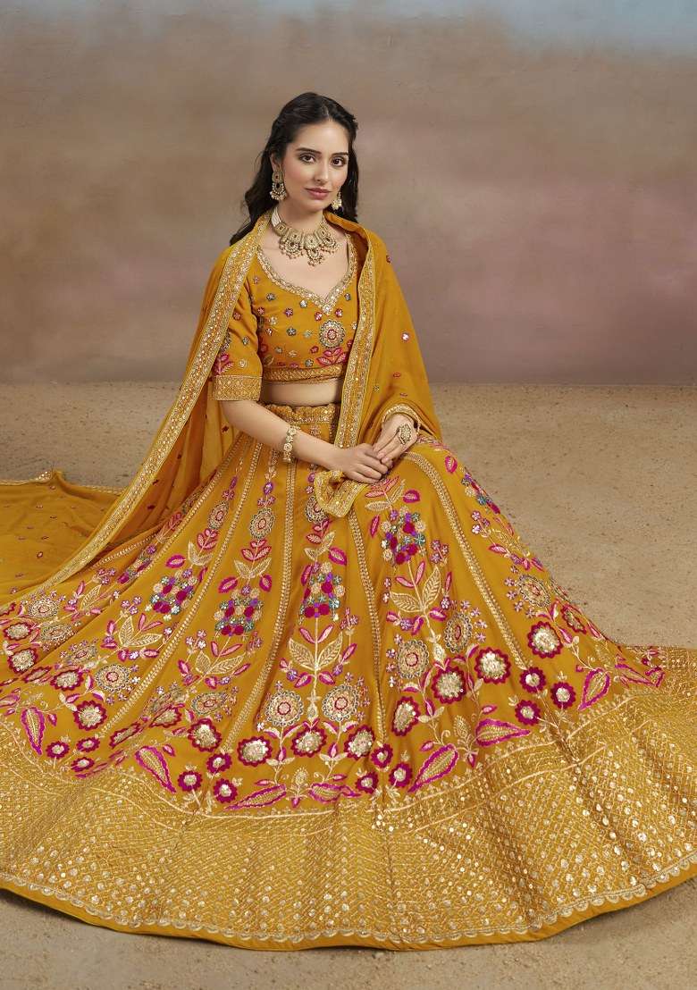 Yellow Embroidered Georgette Lehenga Set With Dupatta for Diwali and Festive Wear - Indya