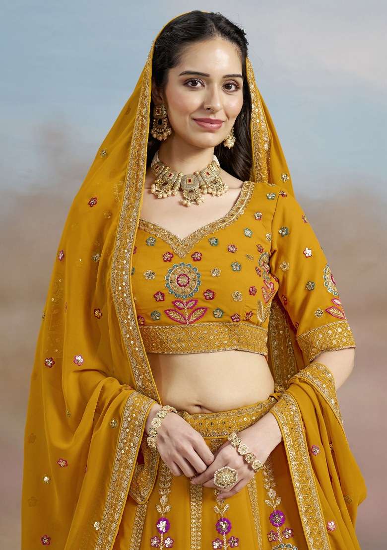 Yellow Embroidered Georgette Lehenga Set With Dupatta for Diwali and Festive Wear - Indya