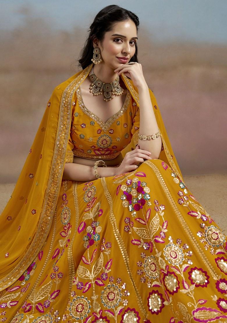 Yellow Embroidered Georgette Lehenga Set With Dupatta