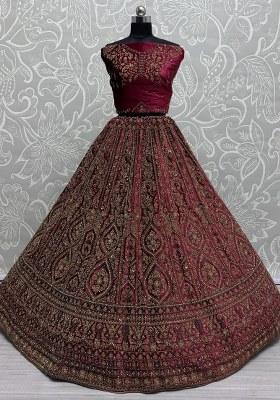 Pink Embroidered Velvet Lehenga Set With Dupatta