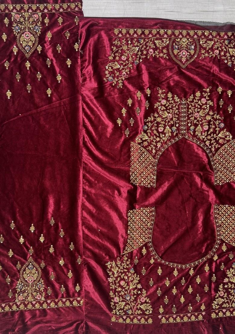 Pink Embroidered Velvet Lehenga Set With Dupatta