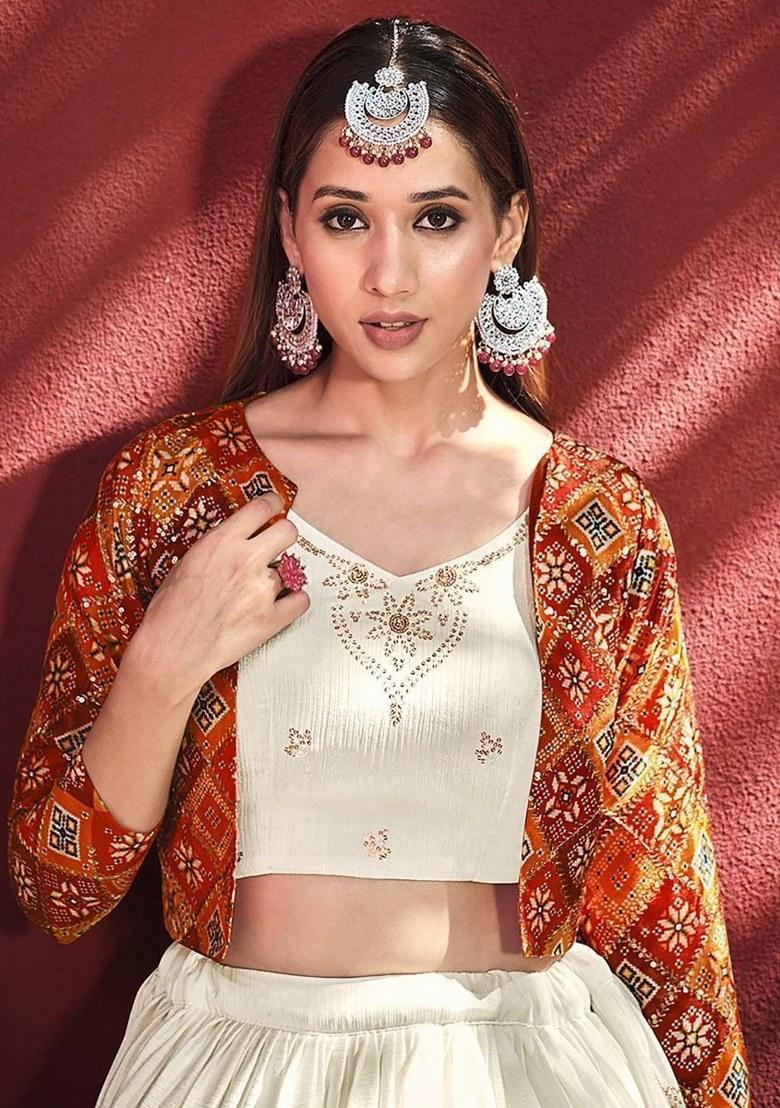 Beige Printed Art Silk Lehenga Set With Dupatta