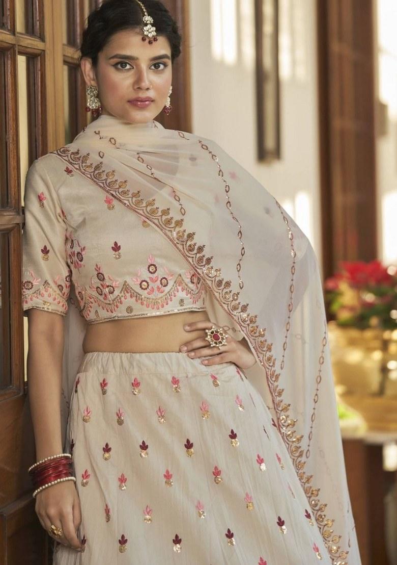 Beige Embroidered Art Silk Lehenga Set With Dupatta