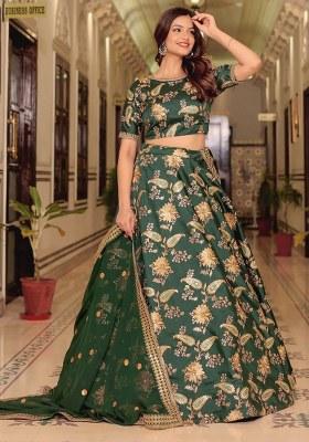 Green Embroidered Art Silk Lehenga Set With Dupatta