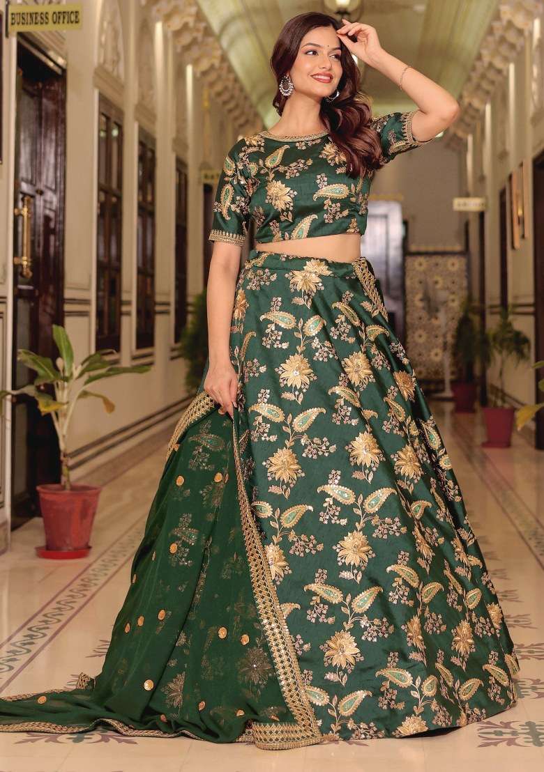 Green Embroidered Art Silk Blend Lehenga Set With Dupatta - Indya