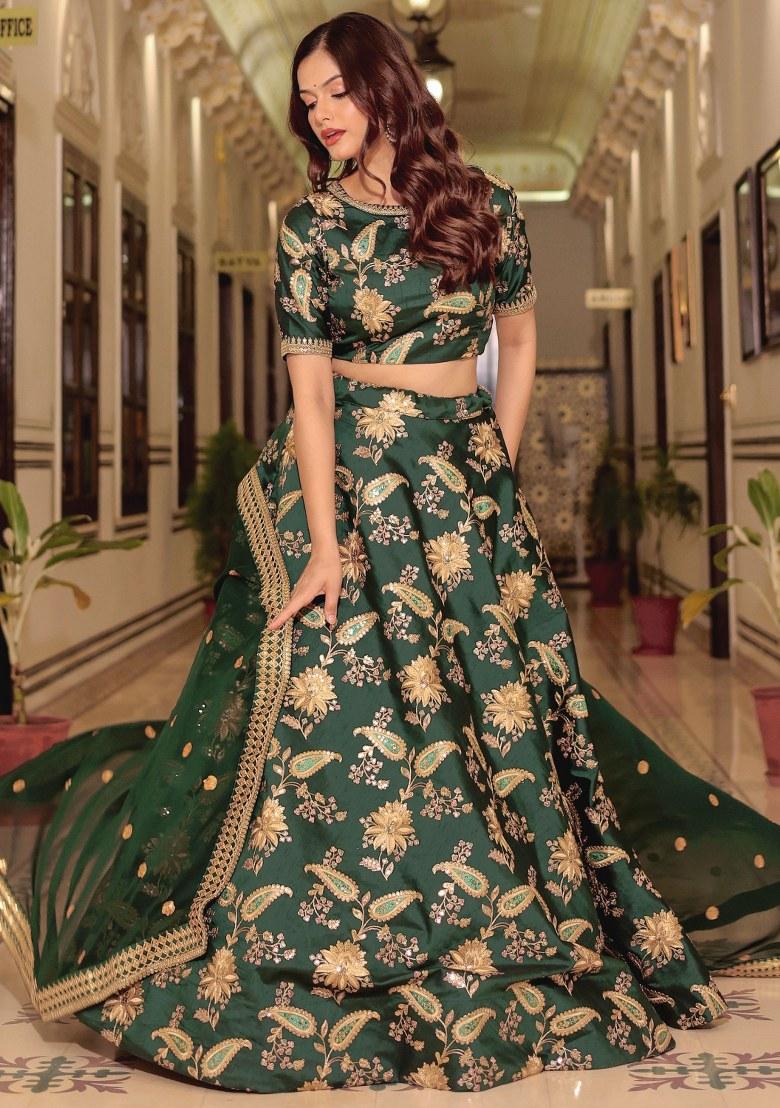 Green Embroidered Art Silk Lehenga Set With Dupatta