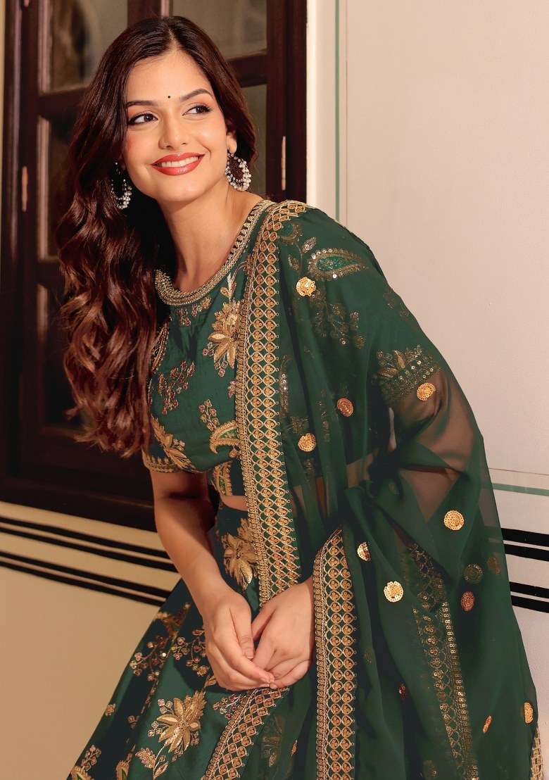 Green Embroidered Art Silk Blend Lehenga Set With Dupatta - Indya