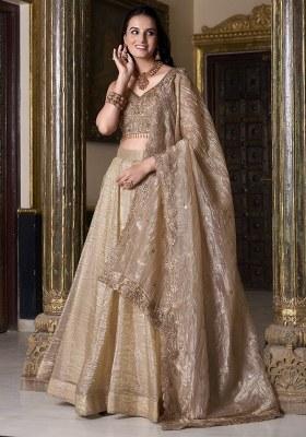 Golden Embroidered Organza Lehenga Set With Dupatta