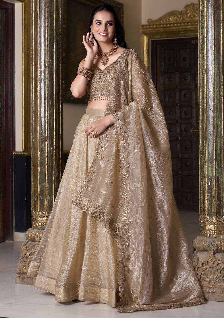 Golden With Dupatta Organza Lehenga Set with Embroidered for Diwali | Wedding & Festive Wear - Indya