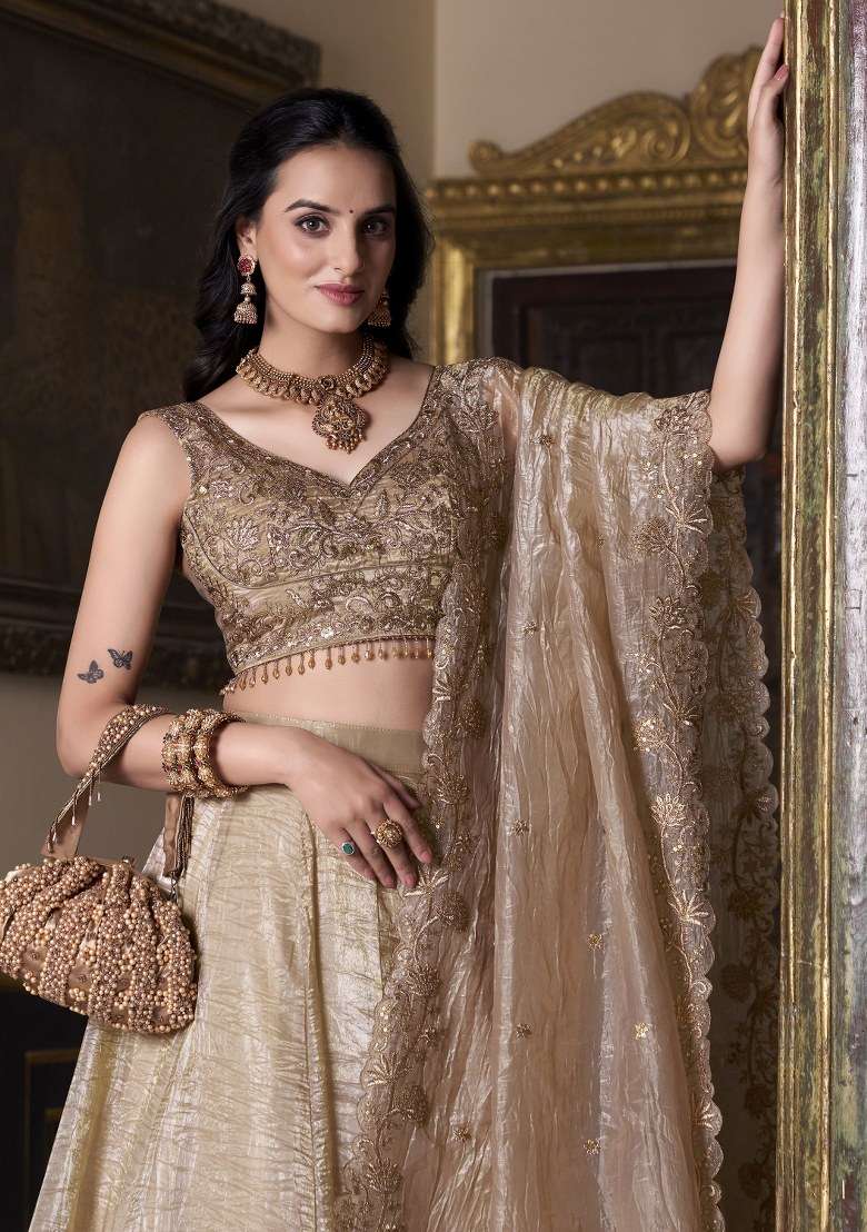 Golden With Dupatta Organza Lehenga Set with Embroidered for Diwali | Wedding & Festive Wear - Indya
