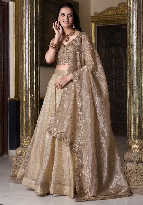 Golden Embroidered Organza Lehenga Set With Dupatta — view on Indya