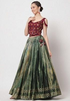 Green Printed Silk Lehenga Set With Dupatta