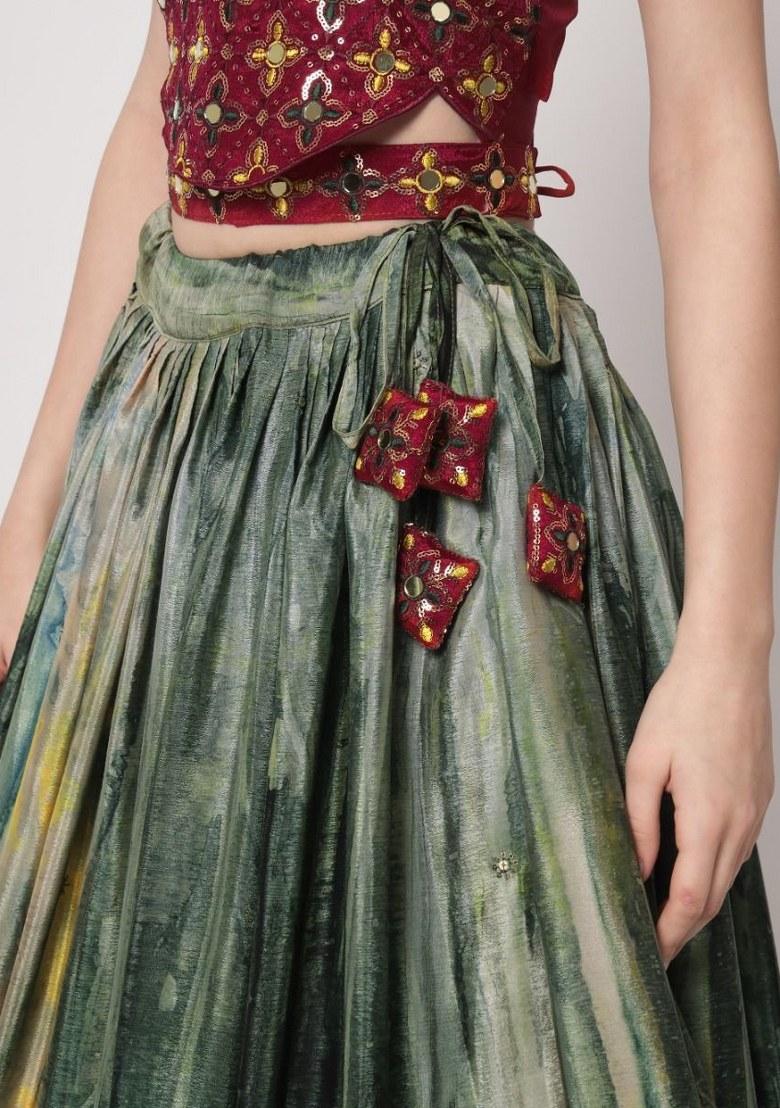 Green Printed Silk Lehenga Set With Dupatta