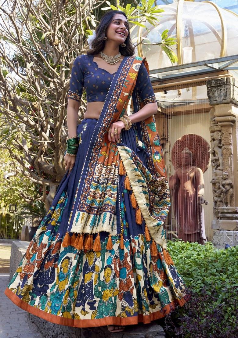Navy Blue Printed Silk Lehenga Set With Dupatta