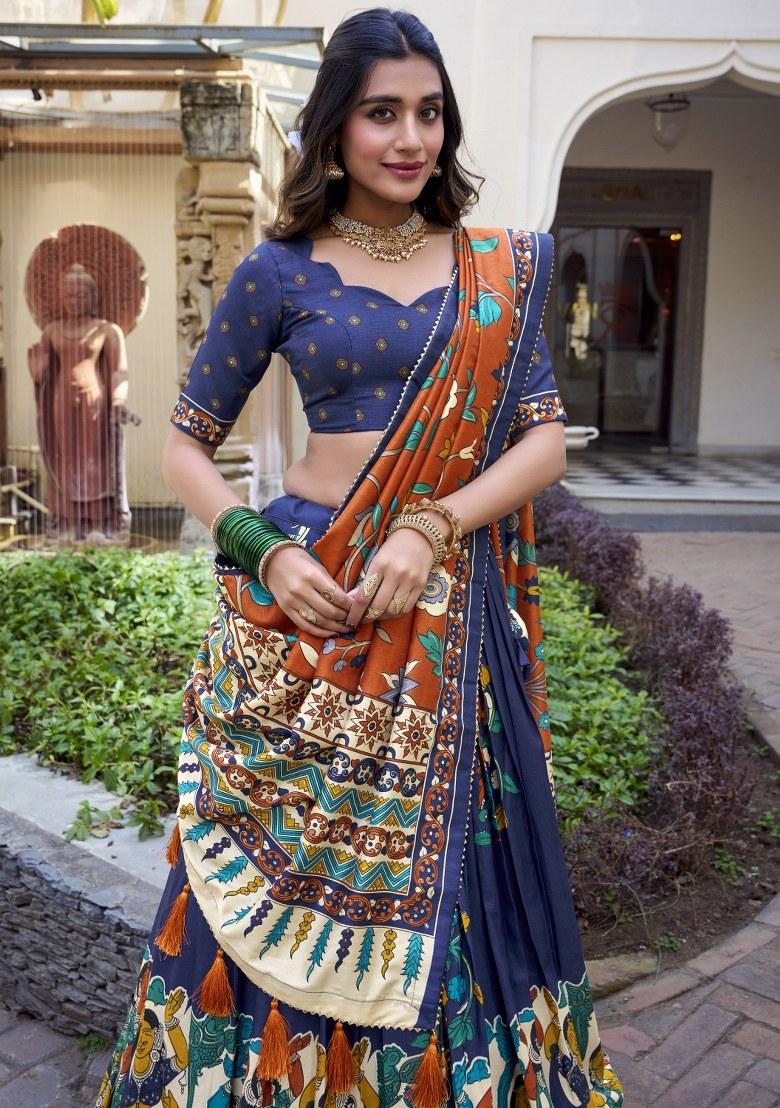 Navy Blue Printed Silk Lehenga Set With Dupatta