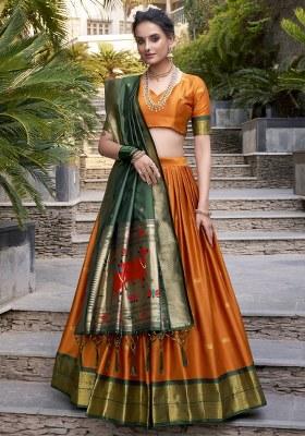 Orange Embroidered Jacquard Lehenga Set With Dupatta