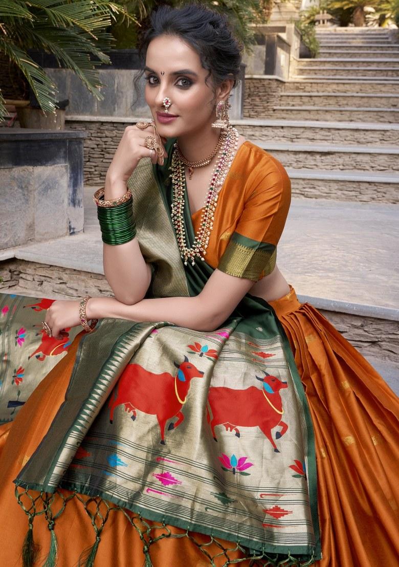 Orange Embroidered Jacquard Lehenga Set With Dupatta