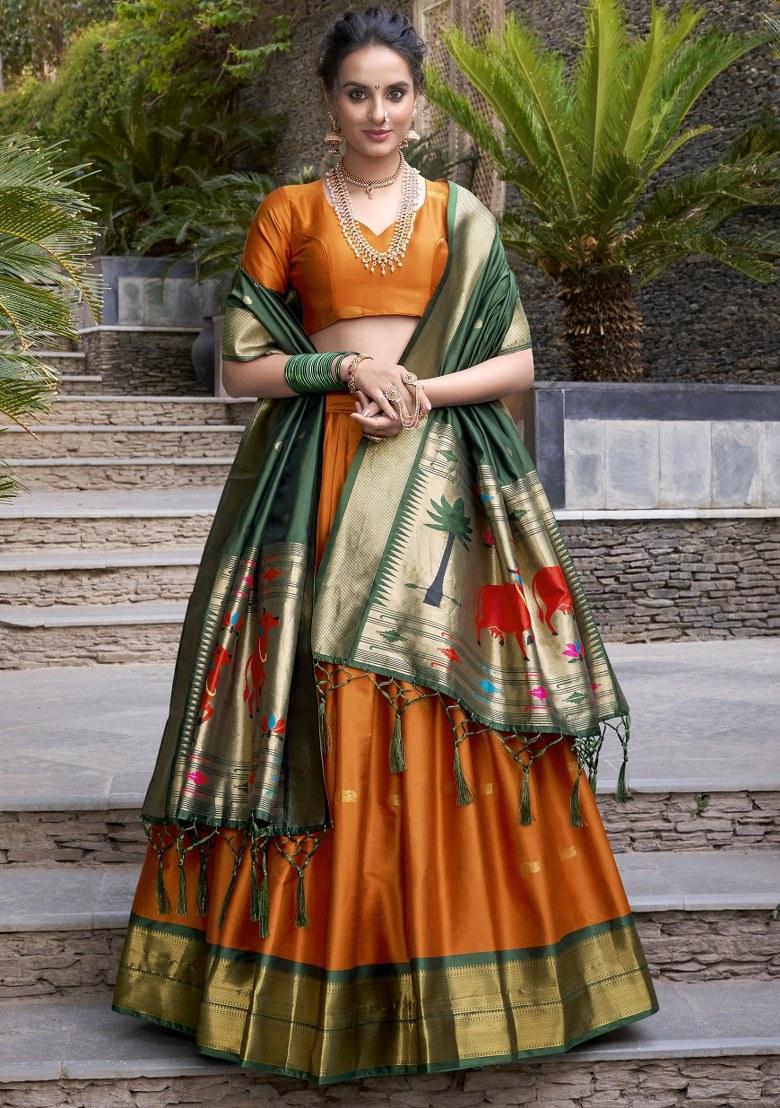 Orange Embroidered Jacquard Lehenga Set With Dupatta