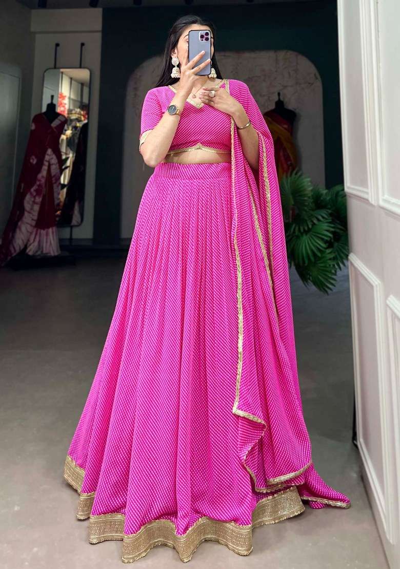 Pink Printed Georgette Lehenga Set With Dupatta - Indya