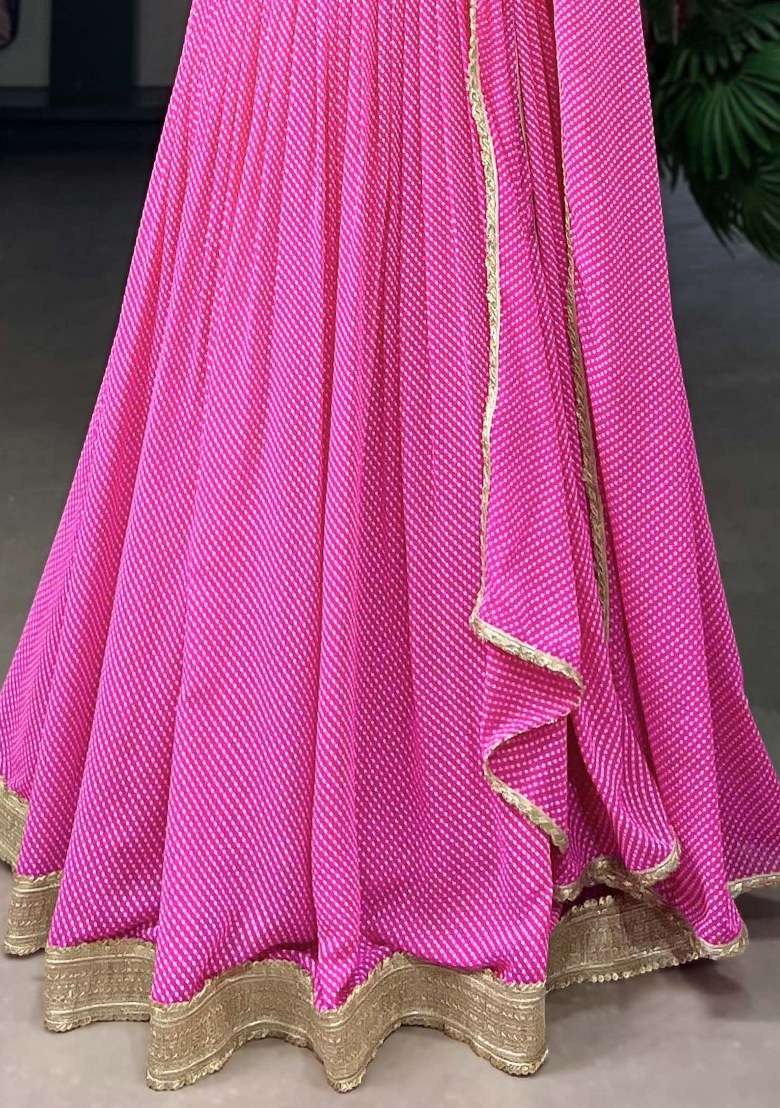 Pink Printed Georgette Lehenga Set With Dupatta - Indya