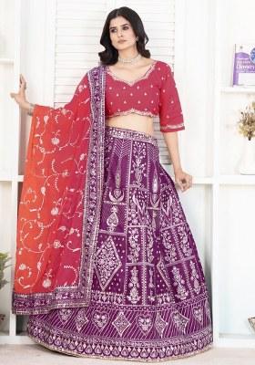 Purple Embroidered Silk Lehenga Set With Dupatta