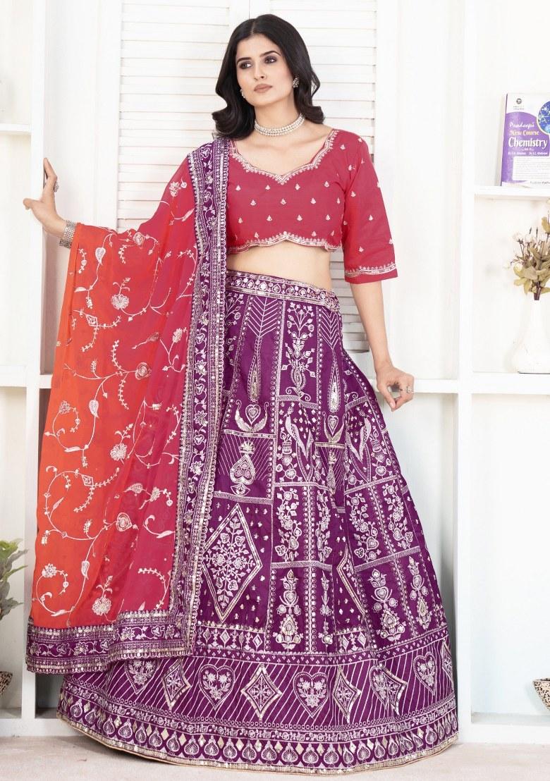 Purple Embroidered Silk Lehenga Set With Dupatta