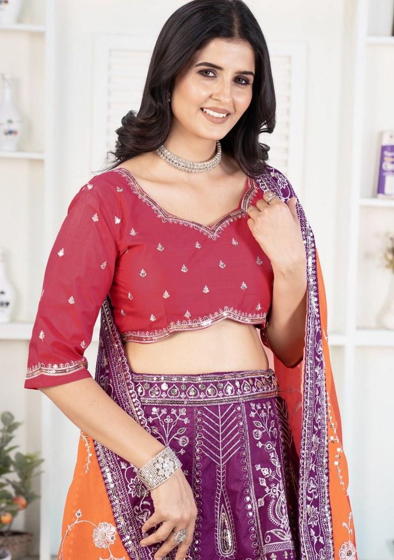 Purple Embroidered Silk Lehenga Set With Dupatta