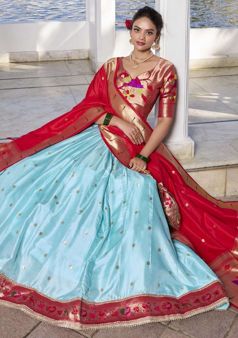 Sky Blue With Dupatta Silk Blend Lehenga Set with Embroidered for Diwali | Wedding & Festive Wear - Indya