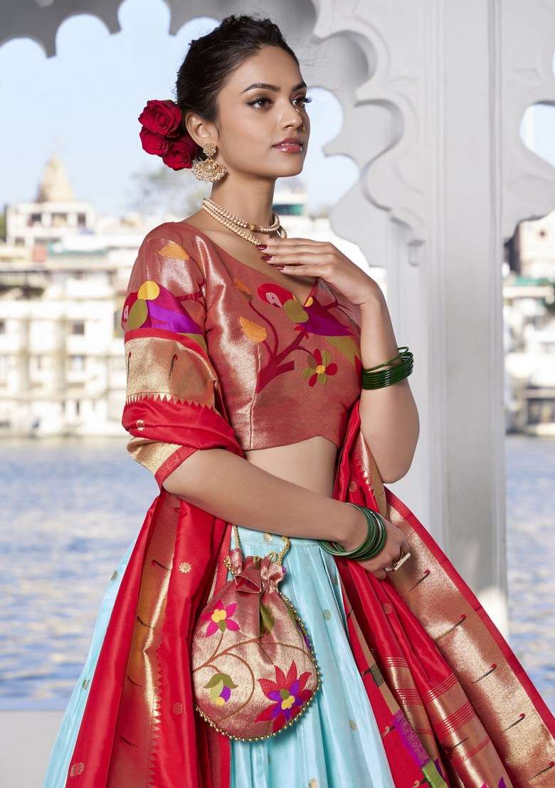 Sky Blue With Dupatta Silk Blend Lehenga Set with Embroidered for Diwali | Wedding & Festive Wear - Indya