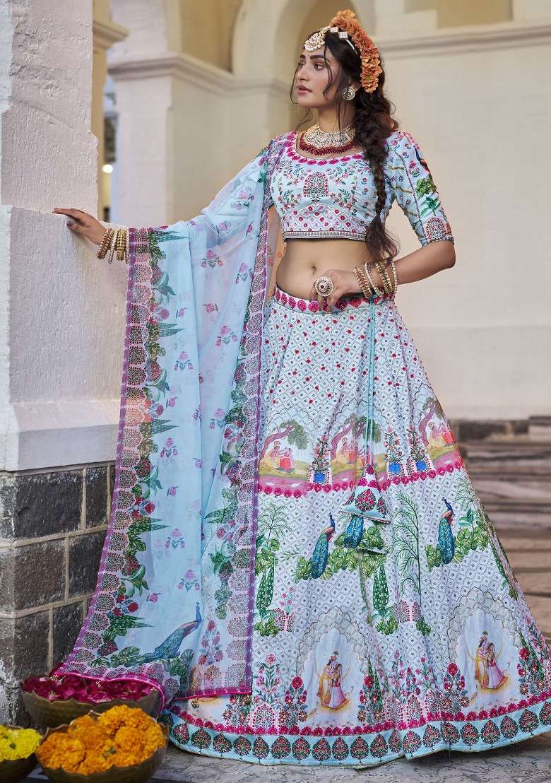 Sky Blue Printed Art Silk Lehenga Set With Dupatta - Indya