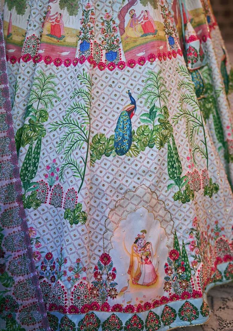 Sky Blue Printed Art Silk Lehenga Set With Dupatta - Indya