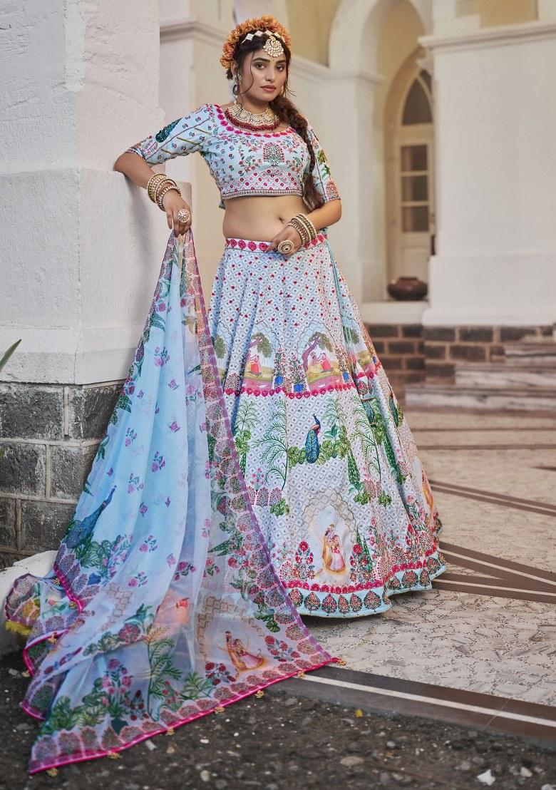 Sky Blue Printed Art Silk Lehenga Set With Dupatta