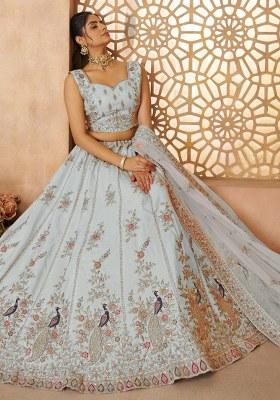 Sky Blue Embroidered Silk Lehenga Set With Dupatta