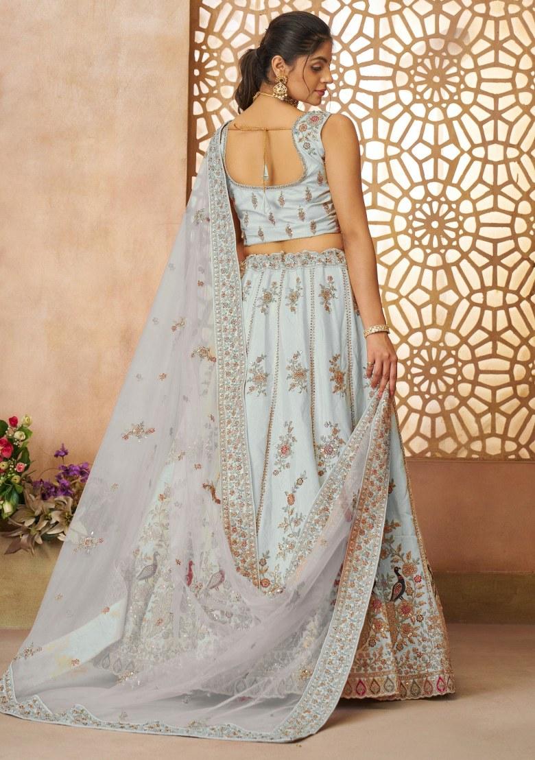 Sky Blue Embroidered Silk Lehenga Set With Dupatta