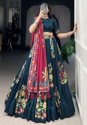 Blue Printed Silk Lehenga Set With Dupatta