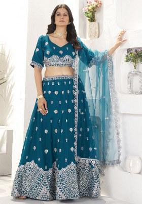 Blue Embroidered Georgette Lehenga Set With Dupatta