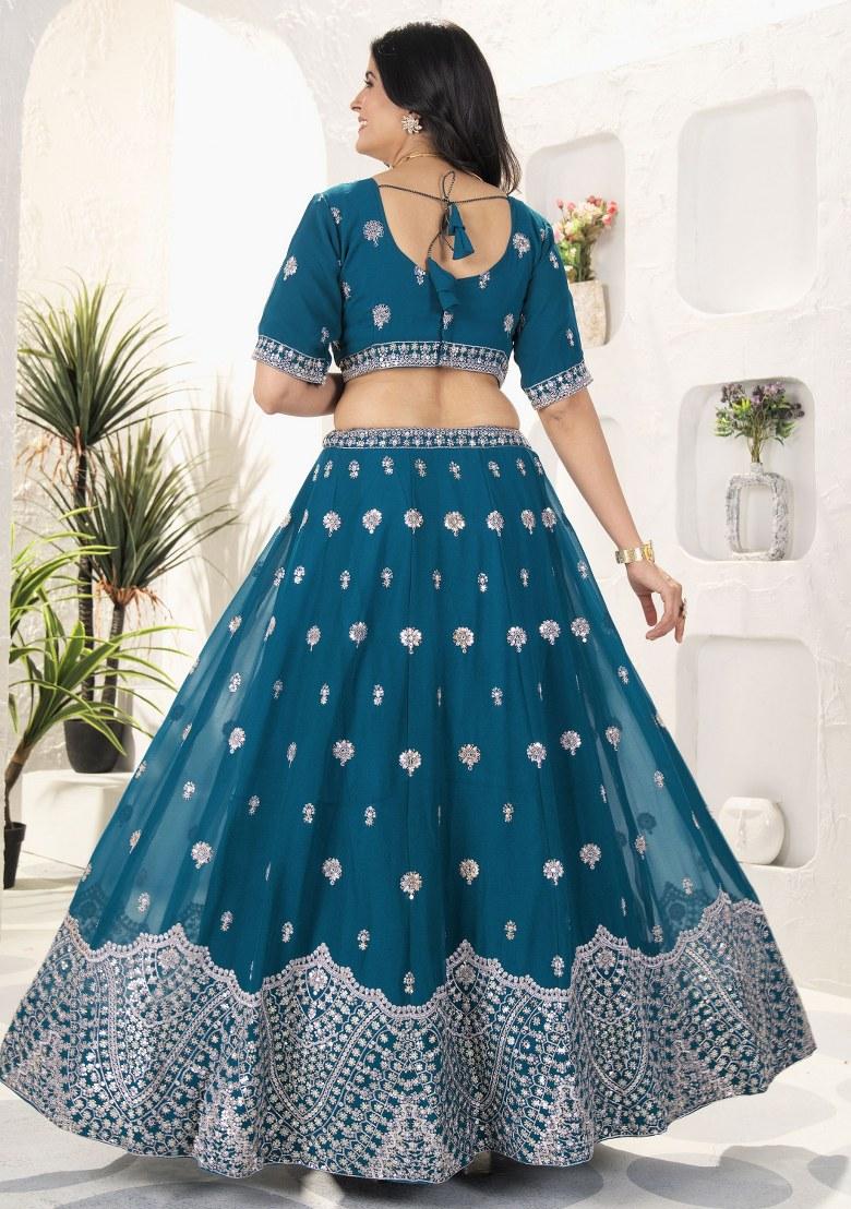 Blue Embroidered Georgette Lehenga Set With Dupatta