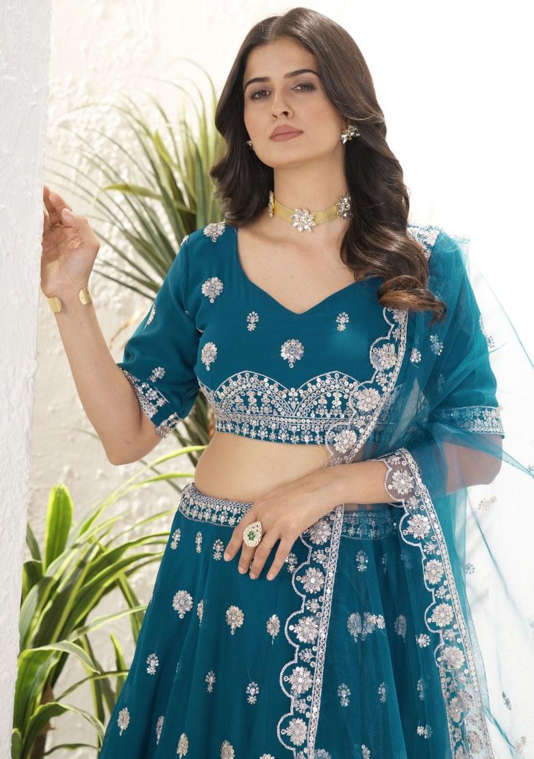 Blue Embroidered Georgette Lehenga Set With Dupatta
