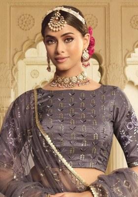 Purple Embroidered Silk Lehenga Set With Dupatta