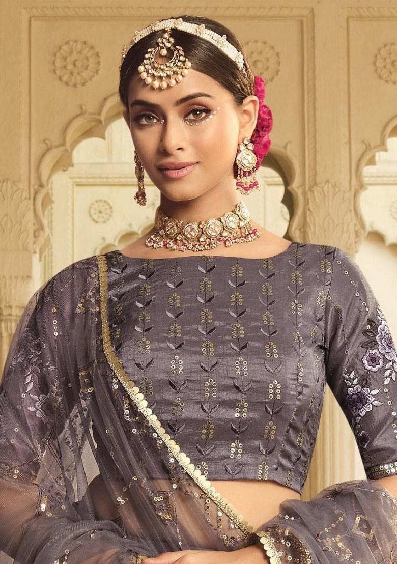 Purple Embroidered Silk Lehenga Set With Dupatta