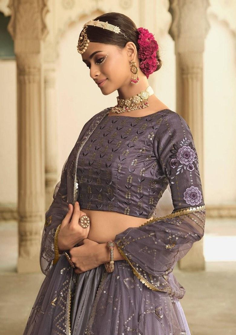 Purple Embroidered Silk Lehenga Set With Dupatta