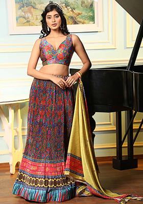 Multicolor Digital Print Satin Silk Lehenga Set