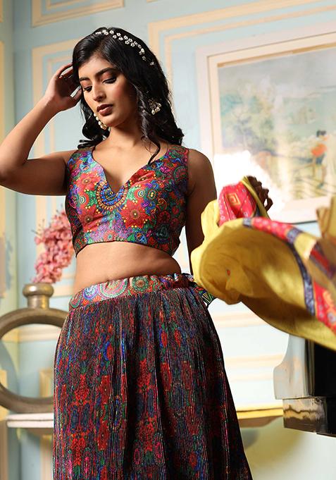Multicolor Digital Print Satin Silk Lehenga Set