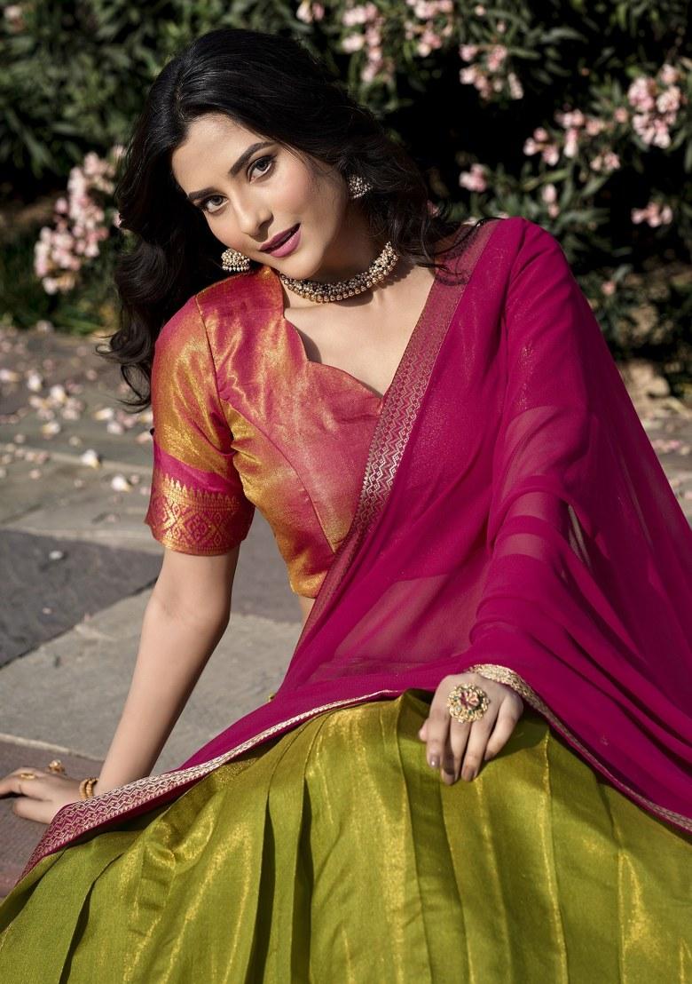 Green Embroidered Silk Lehenga Set With Dupatta