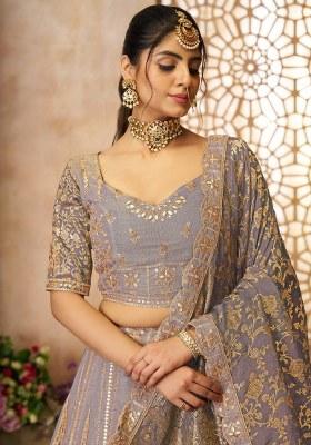 Purple Embroidered Tissue Lehenga Set With Dupatta