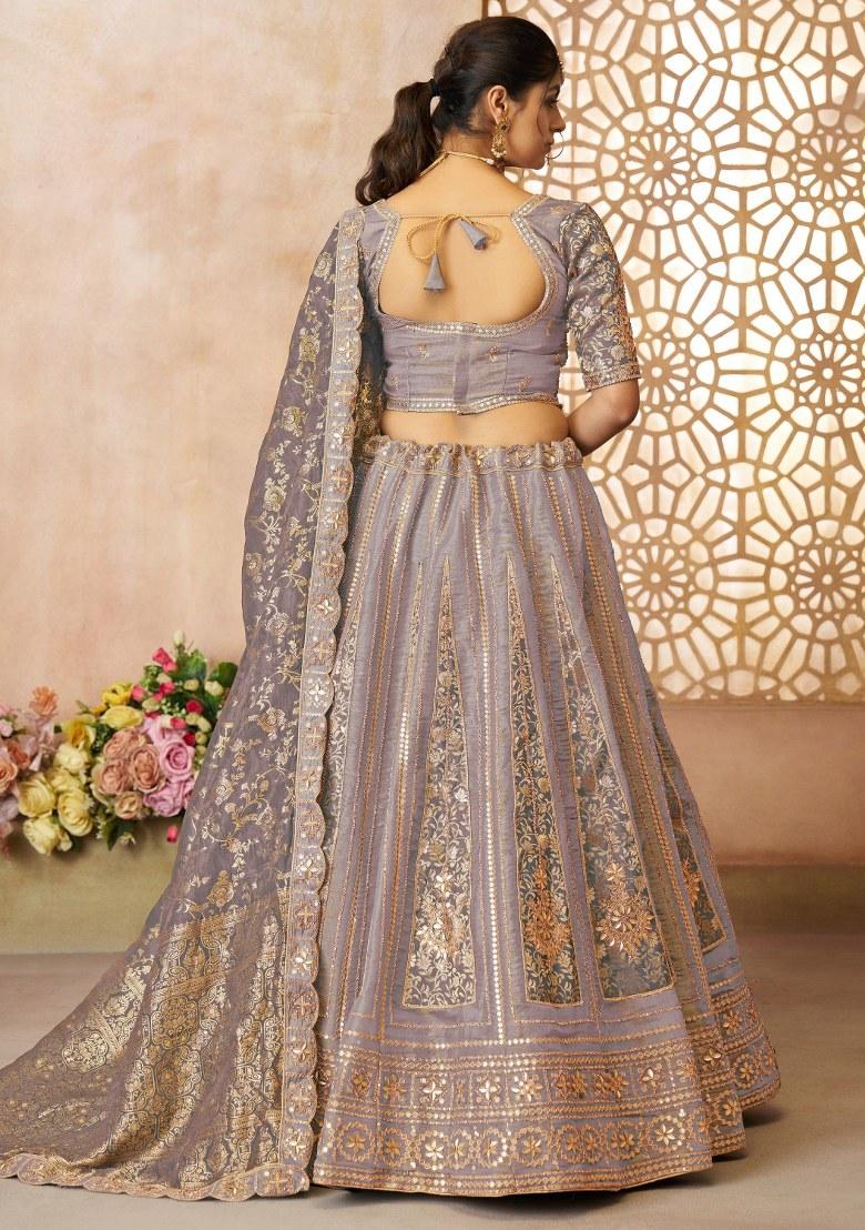 Purple Embroidered Tissue Lehenga Set With Dupatta