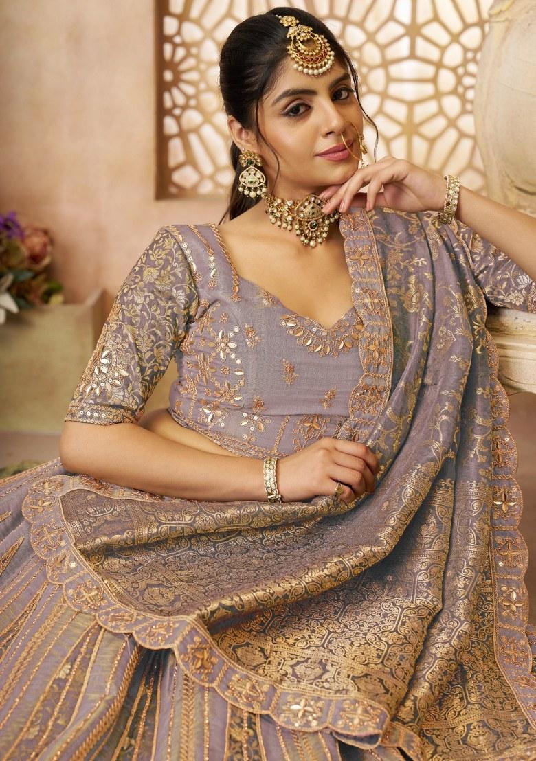 Purple Embroidered Tissue Lehenga Set With Dupatta