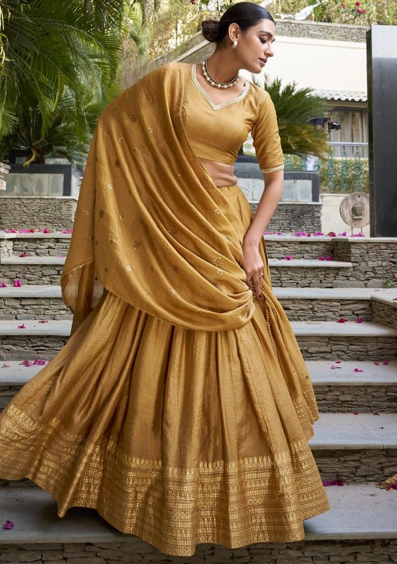 Yellow Embroidered Chanderi Lehenga Set With Dupatta